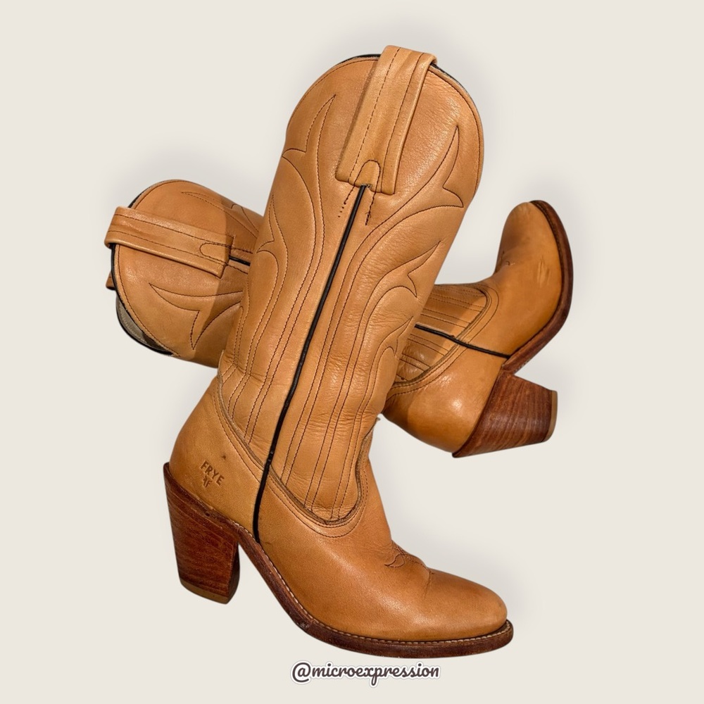 1980 VINTAGE Frye Leather PullOn Tan Cottagecore Embroidered Cowboy Western Boot - Picture 14 of 15